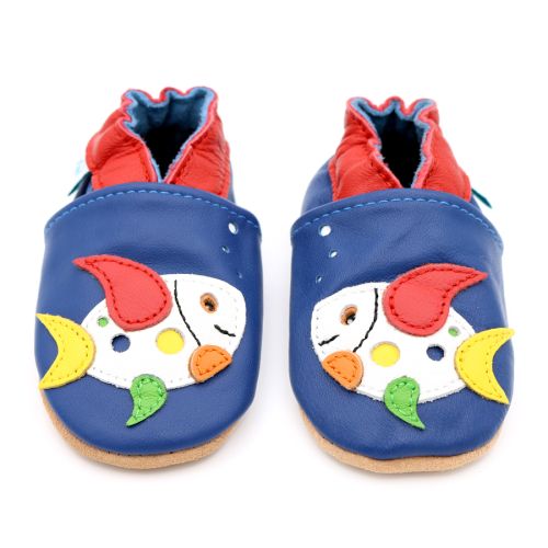 Dotty Fish Colourful Fish soft leather baby and toddler shoes in blue leather with multi-coloured fish