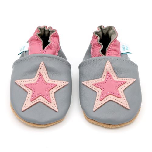 Pink Stars Baby Shoes - grey and pink leather