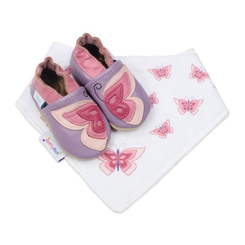 Butterfly design soft leather baby and toddler shoes with matching butterfly cotton baby bib by Dotty Fish 
