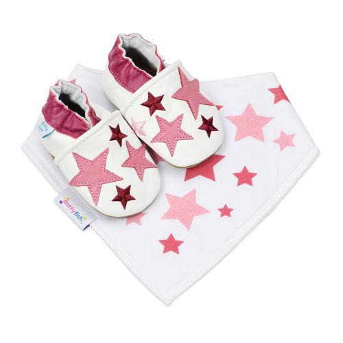 Soft leather pink twinkle baby shoes with matching pink star baby bib.