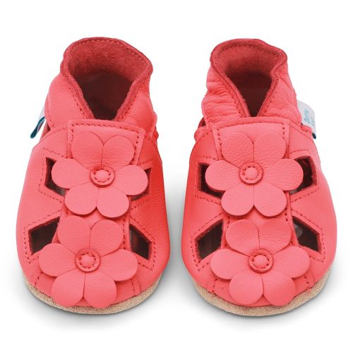 Coral pink soft leather baby sandals with pretty flower design by Dotty Fish 