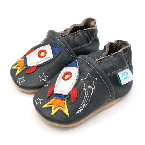 Space themed grey leather baby shoes with elasticated ankles and non-slip soles by Dotty Fish 