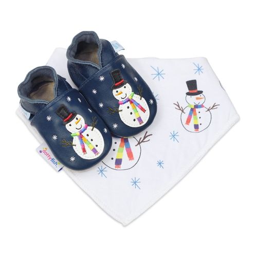 Jolly Snowman soft leather baby shoes with matching cotton baby bib - ideal Christmas gift set