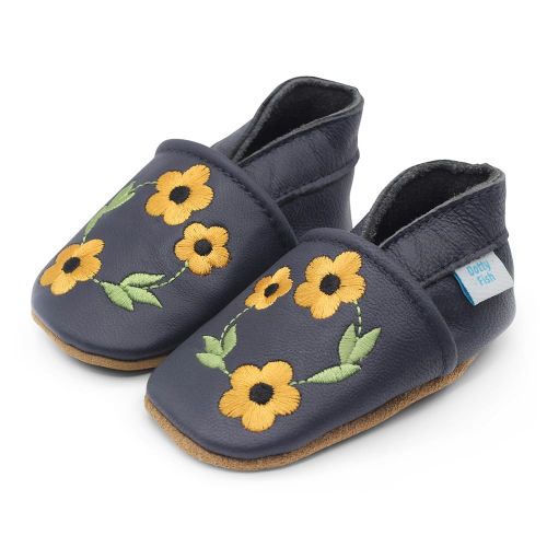 Honey Blossom girls leather baby shoes with stitched yellow and green flowers