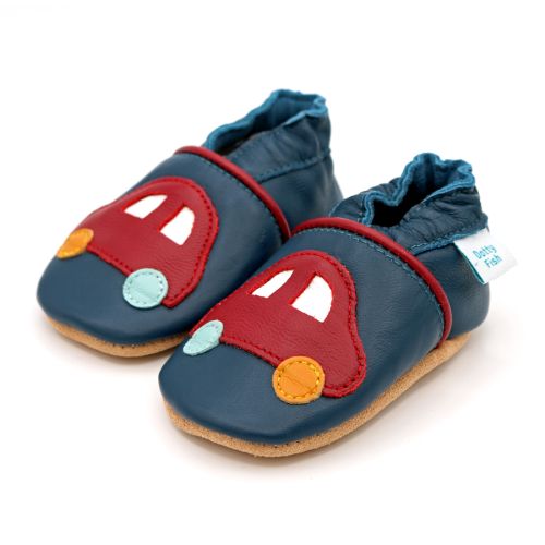 First shoes for baby boy's with red car design on navy blue leather