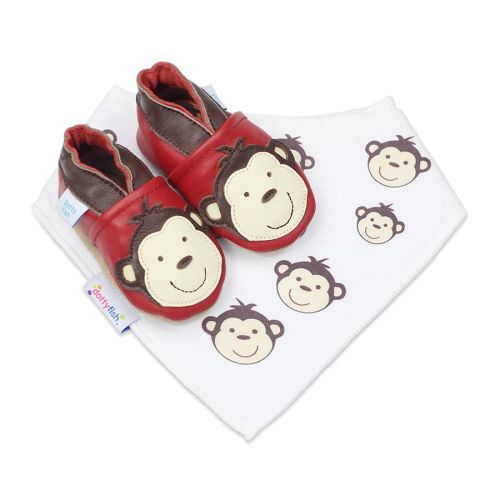 Dotty Fish Cheeky Monkey red leather baby shoes with matching cheeky monkey cotton baby bib - gift set