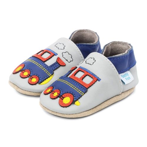 Dotty Fish train soft leather baby shoes in light grey leather for baby boys