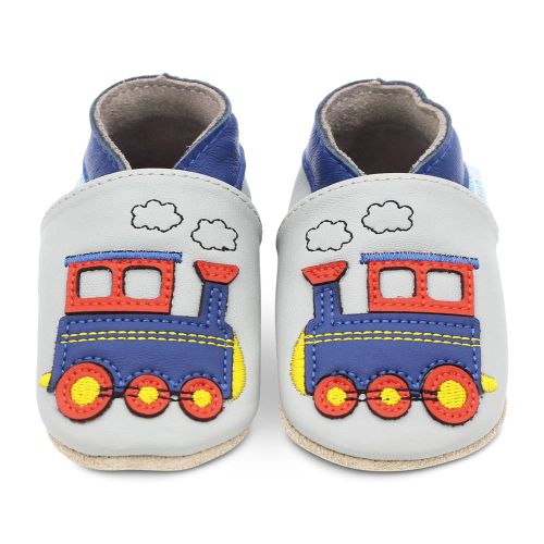 Dotty Fish grey leather baby shoes with train motif 
