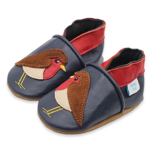 Holly the Robin soft leather baby shoes in navy blue from Dotty Fish 