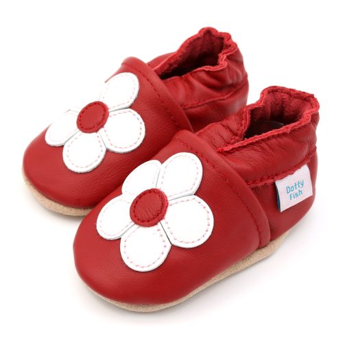Podiatry approved red leather baby girls shoes with white flower motif