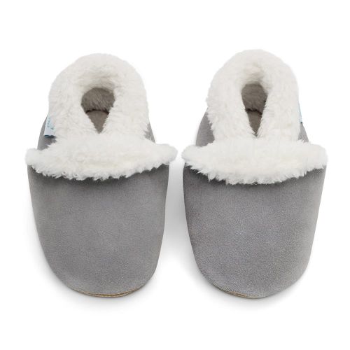 Warm fleece lined children's slippers in pale grey suede from Dotty Fish 