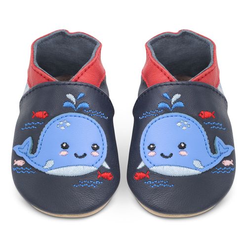 Blue leather baby shoes with cute Splashy the whale design from Dotty Fish 