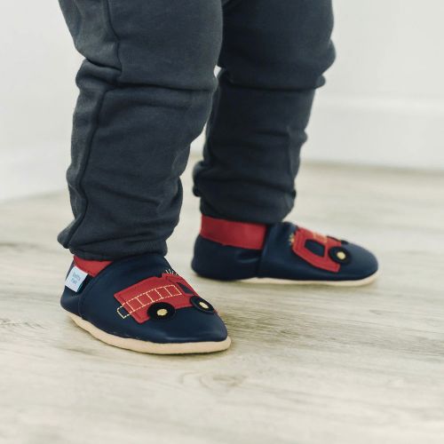 Toddler wearing Dotty Fish Red Fire Engine soft sole leather shoes
