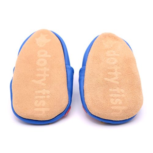 Non-slip suede soles on Dotty Fish Owl design baby shoes