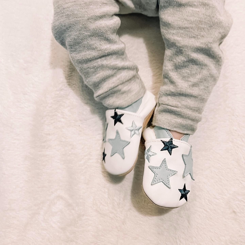 Blue Twinkle Stars soft sole baby shoes with non-slip soles. 