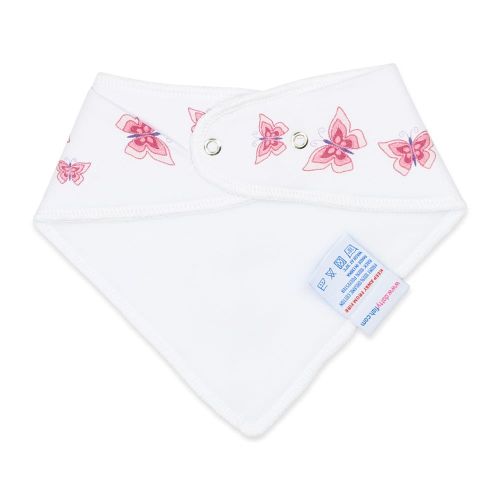 White cotton baby bib with pink butterfly design featuring an absorbent backing