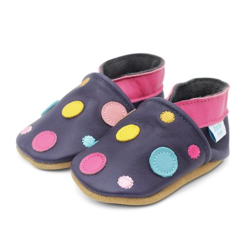 Navy leather baby shoes with colourful spotty dotty design for little girl's from Dotty Fish