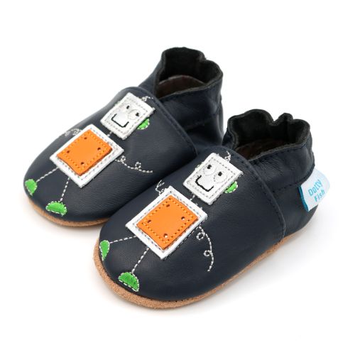 Navy Dotty Fish soft sole pre-walker shoes with silver and orange robot design.