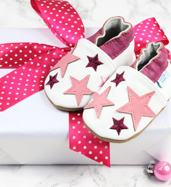 Dotty Fish pink twinkle shoes with gift wrap