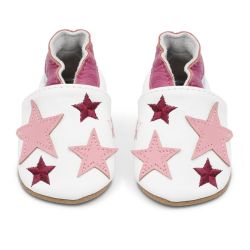  White leather Dotty Fish soft sole baby and toddler first walker shoes for girls with pink ankle trim and pink stars.