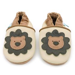 Cream Dotty Fish soft sole baby and toddler boy’s shoes with brown lion design.