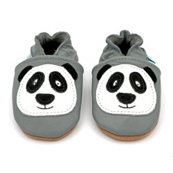 Grey soft leather baby shoes with panda design from Dotty Fish