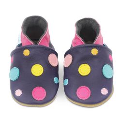 Navy Spotty Dotty soft leather baby shoes with colourful dots from Dotty Fish 