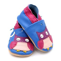 Blue baby shoes with pink owl design by Dotty Fish 