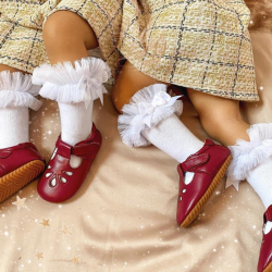 Children wearing plum Emily classic T-bar toddler shoes with pretty party outfit