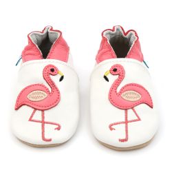 White leather baby shoes with pink flamingo design by Dotty Fish 