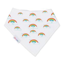 Dotty Fish baby and toddler white cotton bandana bib with rainbow and cloud pattern.