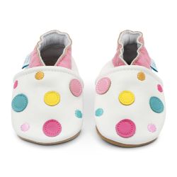 White leather baby shoes with colourful spotty dotty design from Dotty Fish 