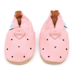 Pink leather baby girls shoes with cut out heart design by Dotty Fish 