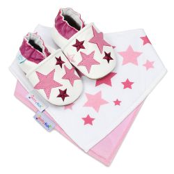 Gift set with Dotty Fish Pink Twinkle star shoes, matching pink star bib and pale pink bib.