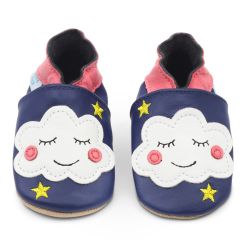 Navy blue leather Dotty Fish baby and toddler shoes for girls with pink ankle trim, white cloud and yellow embroidered stars.