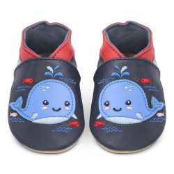 Blue leather baby shoes with cute Splashy the whale design from Dotty Fish 