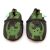 Brown leather Dotty Fish soft sole baby and toddler boy’s shoes with green ankle trim and dinosaur design.