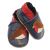 Dotty Fish navy blue leather soft sole unisex infant shoes with red ankle trim and brown and red robin design.