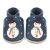 Navy leather Dotty Fish soft sole baby and toddler first walker shoes for boys and girls, with white snowman wearing black hat and embroidered rainbow scarf design.