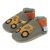 Grey Dotty Fish soft sole pre-walker shoes with orange ankle trim and yellow digger design.