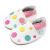 White leather Dotty Fish soft sole pre-walker shoes with pink ankle trim and multicoloured spots.