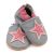 Dotty Fish grey leather soft sole infant girl’s barefoot shoes with pink ankle trim and pink star design.