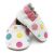 Dotty Fish white leather soft sole infant girl’s barefoot shoes with pink ankle trim and multicoloured spots.