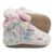 Cream cotton baby booties, with pink fleece lining and floral pattern.