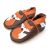 Brown leather Dotty Fish soft sole pre-walker shoes with orange ankle trim and orange and white fox design.