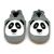 Grey leather Dotty Fish soft sole baby and toddler first walker shoes for boys and girls, with white and black panda design.