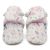 Cream cotton baby booties with pink fleece lining and floral pattern.