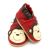 Red Dotty Fish soft sole infant shoes with brown ankle trim and monkey design.