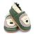 Green Dotty Fish soft sole infant shoes with cream ankle trim and cream bear design.