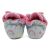 Back of blue rainbow booties with pink fleece lining.